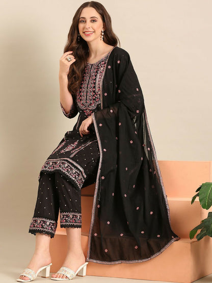 Black Floral Embroidered Cotton Kurta Set with Trousers & Dupatta