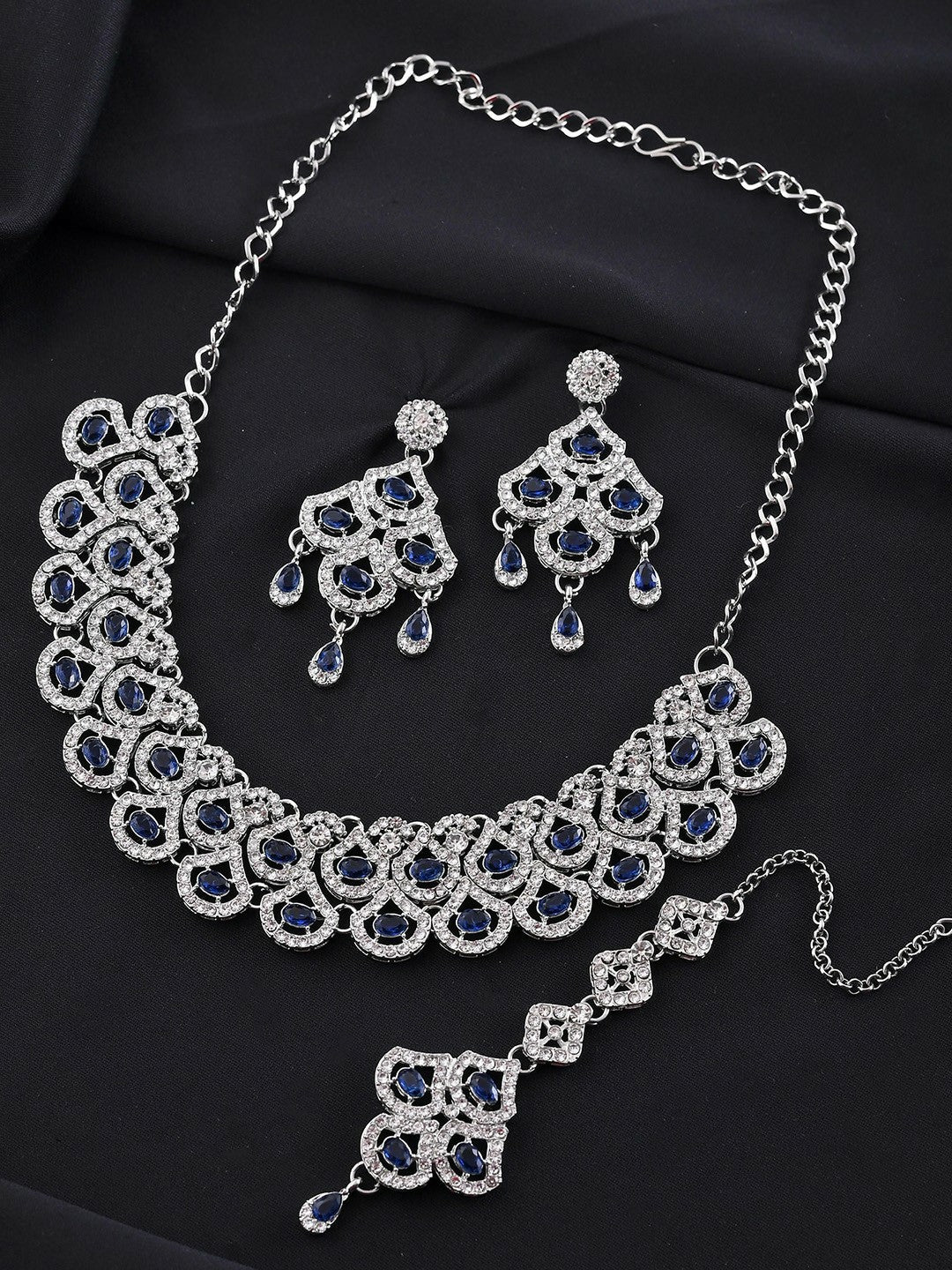 Silver-Plated Blue AD-Studded Elegant Necklace, Earrings & Maangtikka Set
