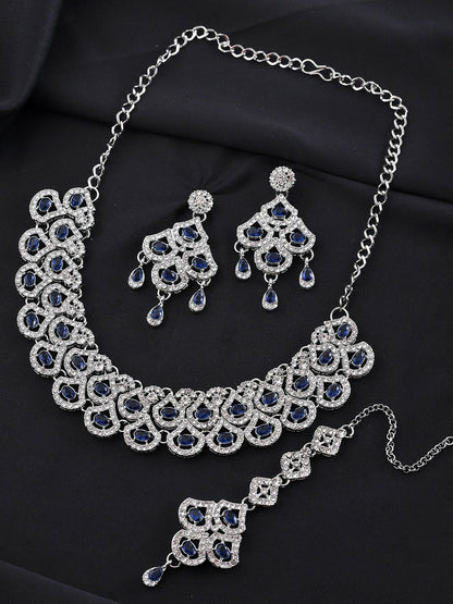 Silver-Plated Blue AD-Studded Elegant Necklace, Earrings & Maangtikka Set