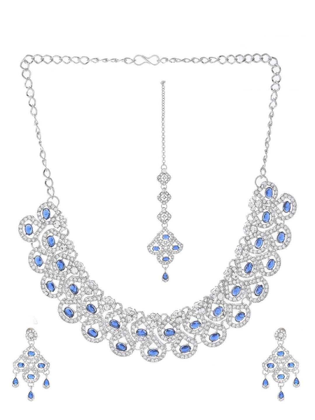 Silver-Plated Blue AD-Studded Elegant Necklace, Earrings & Maangtikka Set
