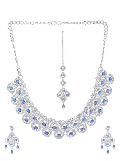 Silver-Plated Blue AD-Studded Elegant Necklace, Earrings & Maangtikka Set