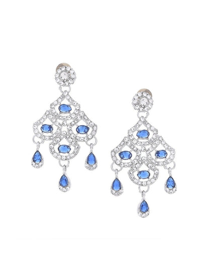Silver-Plated Blue AD-Studded Elegant Necklace, Earrings & Maangtikka Set