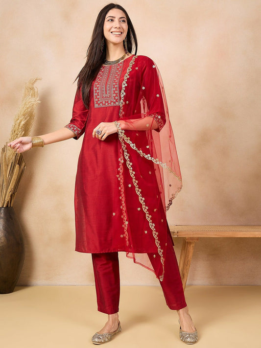 Maroon Floral Yoke Straight Kurta with Trousers & Dupatta