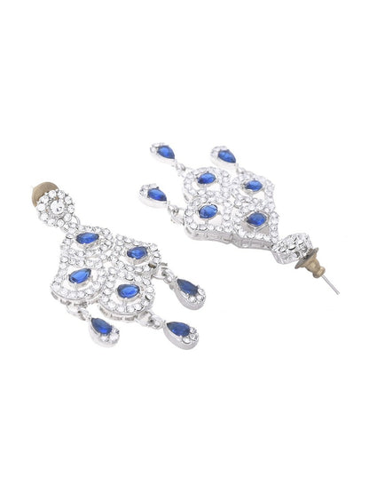 Silver-Plated Blue AD-Studded Elegant Necklace, Earrings & Maangtikka Set
