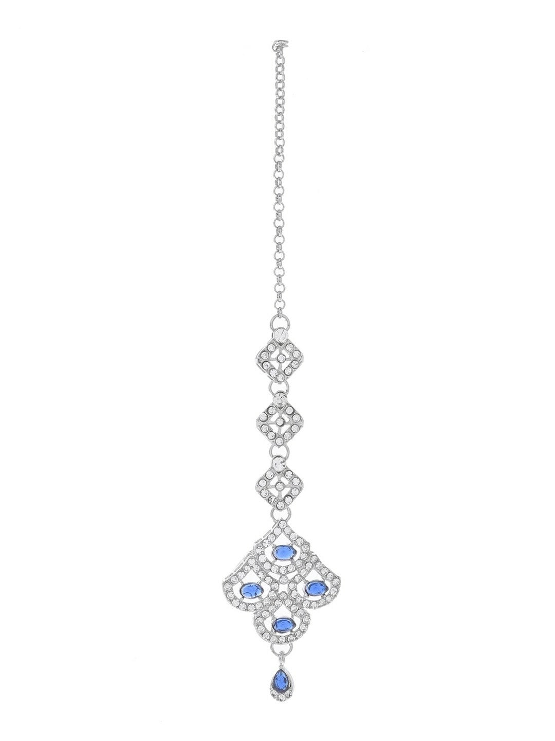 Silver-Plated Blue AD-Studded Elegant Necklace, Earrings & Maangtikka Set