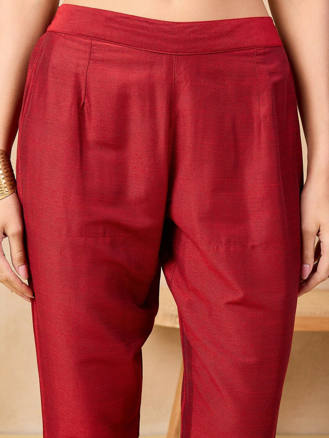 Maroon Floral Yoke Straight Kurta with Trousers & Dupatta