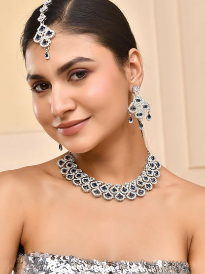 Silver-Plated Blue AD-Studded Elegant Necklace, Earrings & Maangtikka Set