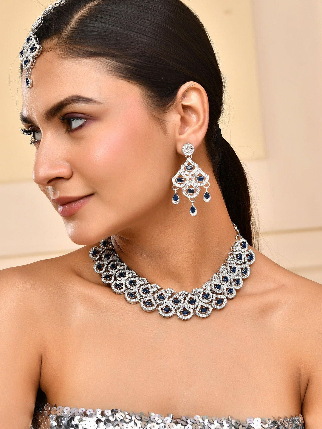Silver-Plated Blue AD-Studded Elegant Necklace, Earrings & Maangtikka Set
