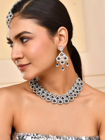 Silver-Plated Blue AD-Studded Elegant Necklace, Earrings & Maangtikka Set