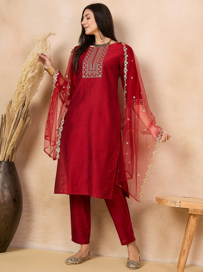 Maroon Floral Yoke Straight Kurta with Trousers & Dupatta