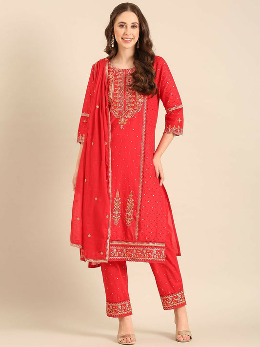 Red Floral Embroidered Straight Kurta with Palazzos and Dupatta