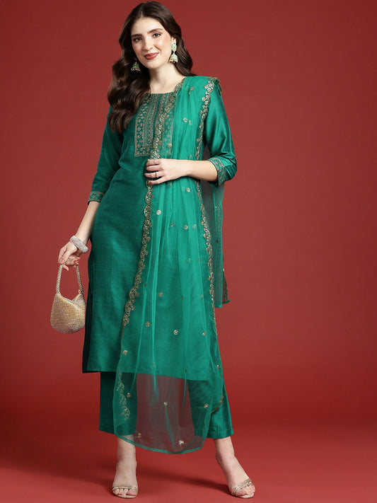 Green Embroidered Ethnic Motifs Kurta Set with Trousers & Dupatta