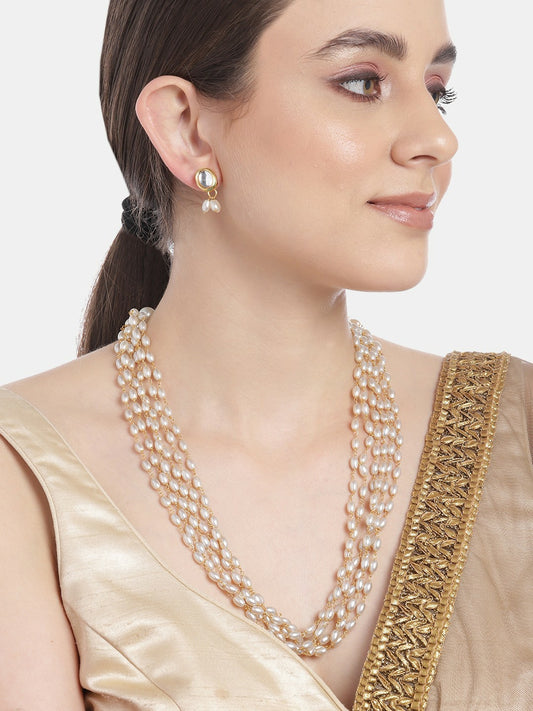 Gold-Plated Layered Pearl Necklace & Drop Earrings Set