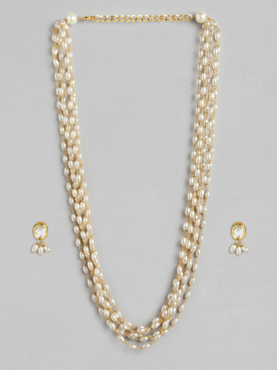 Gold-Plated Layered Pearl Necklace & Drop Earrings Set