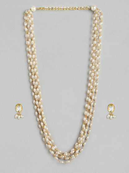 Gold-Plated Layered Pearl Necklace & Drop Earrings Set