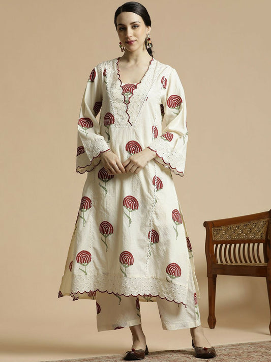 Red Floral Printed V-Neck A-Line Kurta with Palazzo