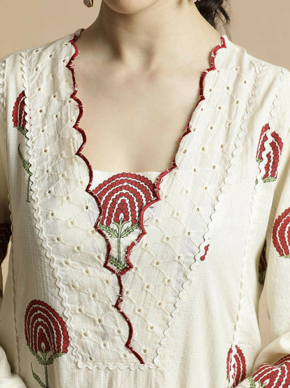 Red Floral Printed V-Neck A-Line Kurta with Palazzo