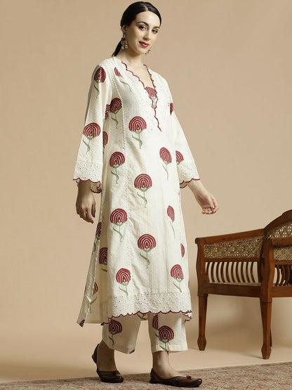 Red Floral Printed V-Neck A-Line Kurta with Palazzo