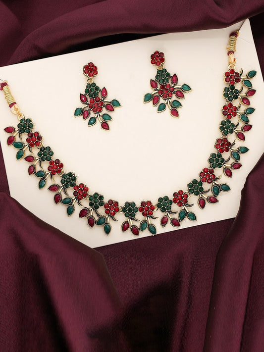 Gold Plated Maroon & Green American Diamond Choker Necklace Set with Earrings
