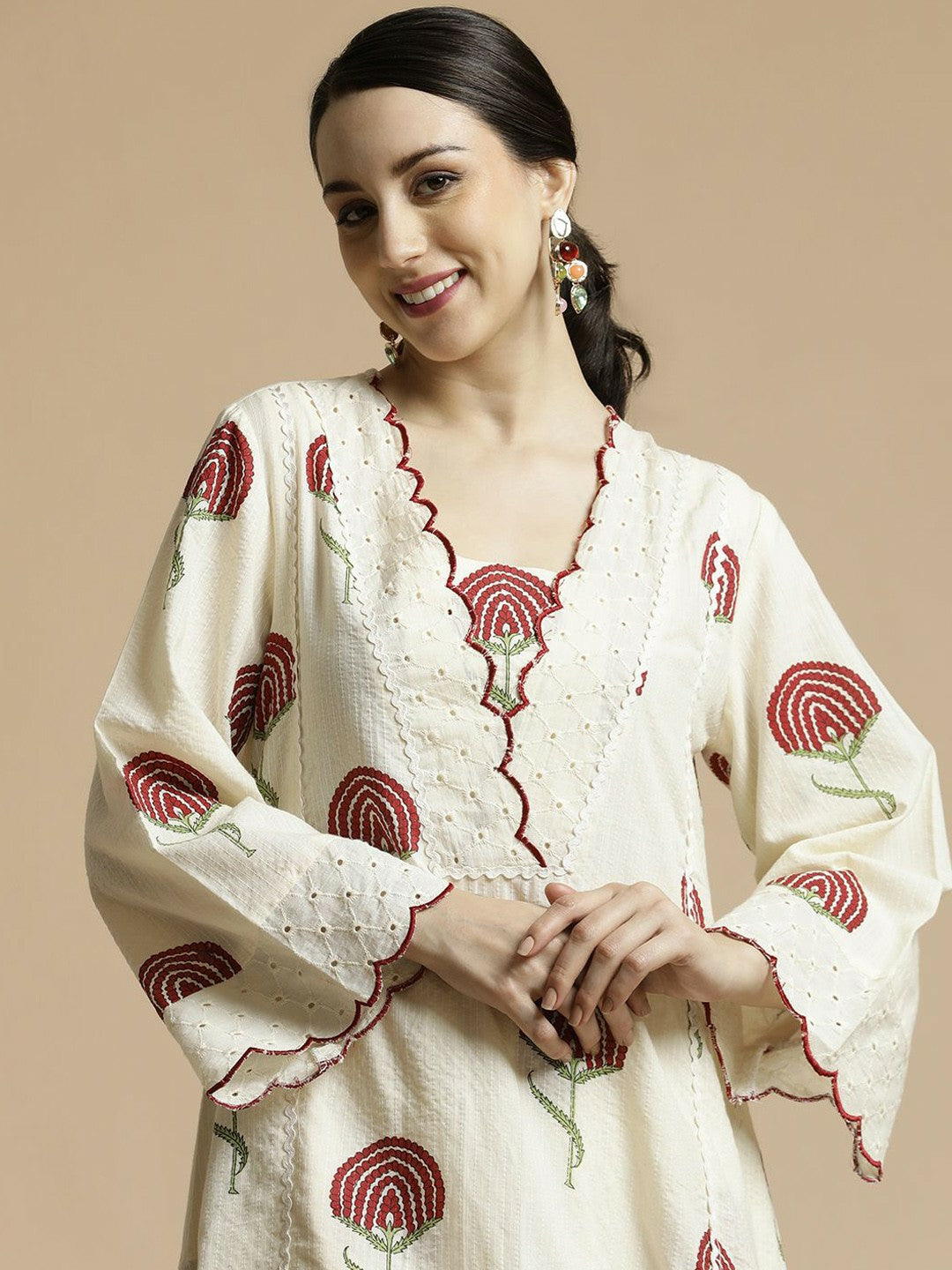 Red Floral Printed V-Neck A-Line Kurta with Palazzo