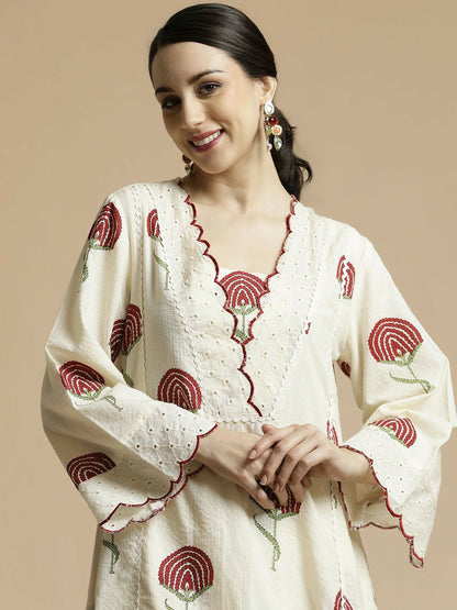 Red Floral Printed V-Neck A-Line Kurta with Palazzo