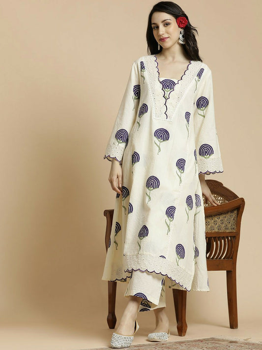 White & Navy Blue Floral Printed A-Line Kurta with Palazzos