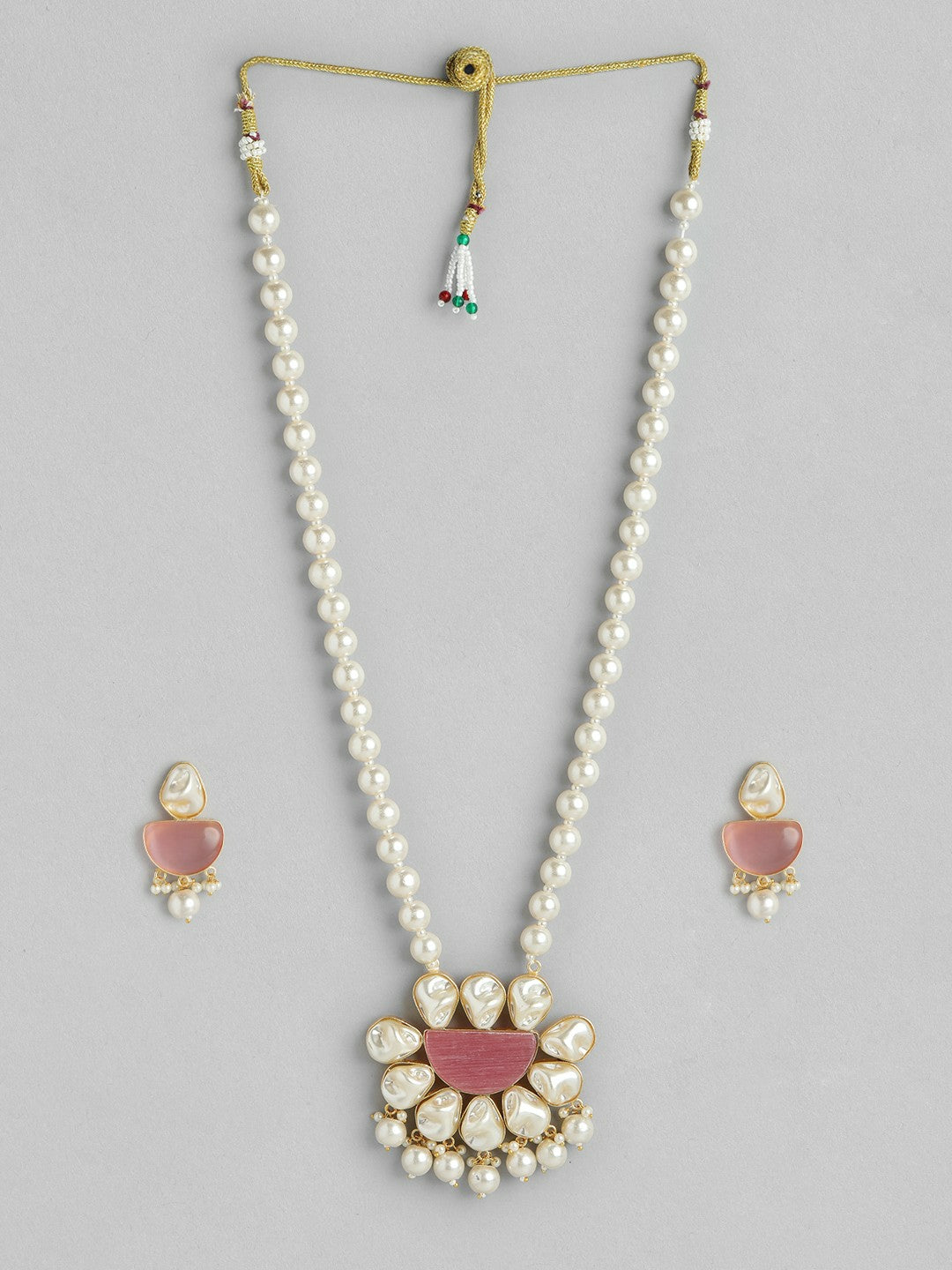 Gold Plated Long Necklace & Earrings Set with MOP & Quartz Stones