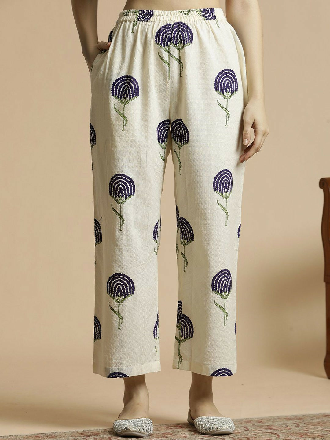 White & Navy Blue Floral Printed A-Line Kurta with Palazzos