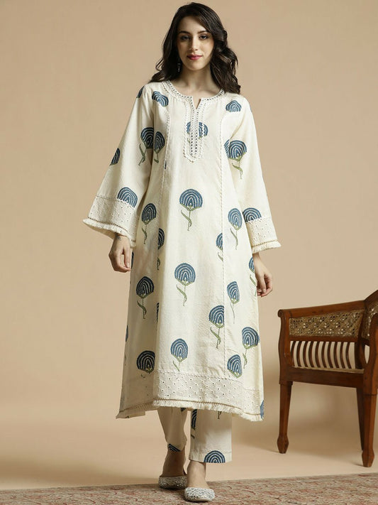 Teal & White Floral Mirror Work A-Line Kurta with Palazzos