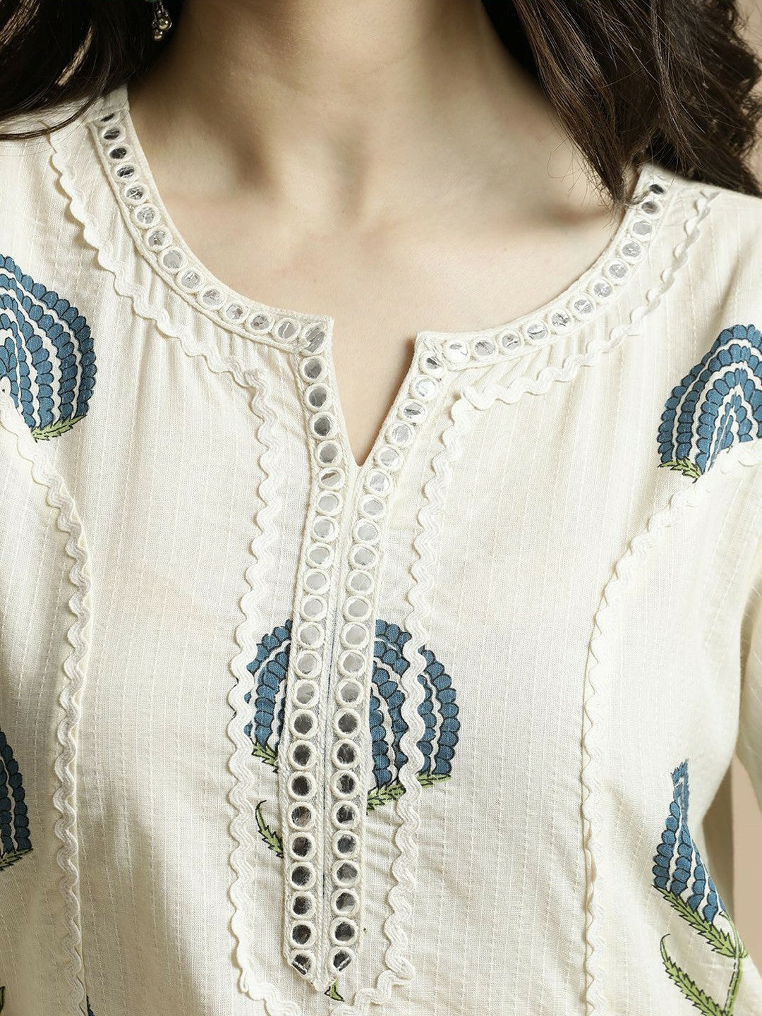 Teal & White Floral Mirror Work A-Line Kurta with Palazzos