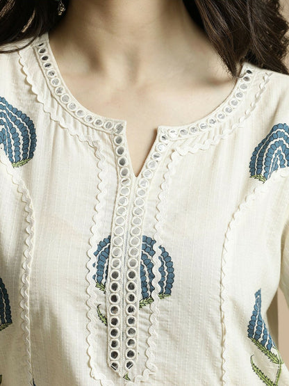 Teal & White Floral Mirror Work A-Line Kurta with Palazzos