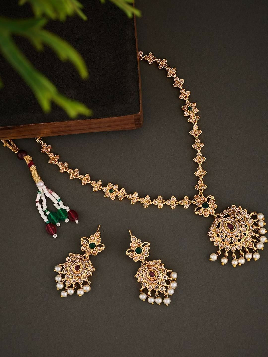 Multicolour Stone Studded Gold Plated Floral Jewellery Set with Earrings