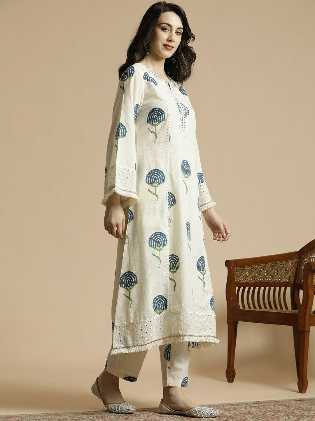 Teal & White Floral Mirror Work A-Line Kurta with Palazzos