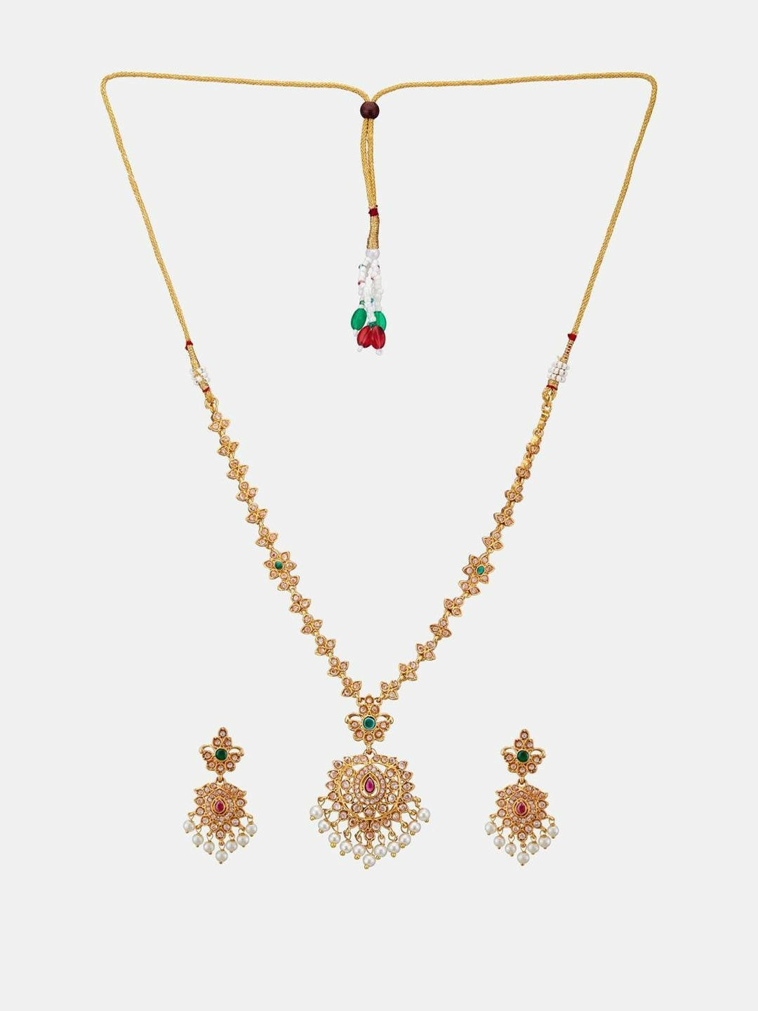 Multicolour Stone Studded Gold Plated Floral Jewellery Set with Earrings