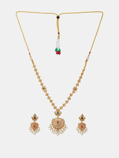 Multicolour Stone Studded Gold Plated Floral Jewellery Set with Earrings