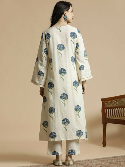 Teal & White Floral Mirror Work A-Line Kurta with Palazzos