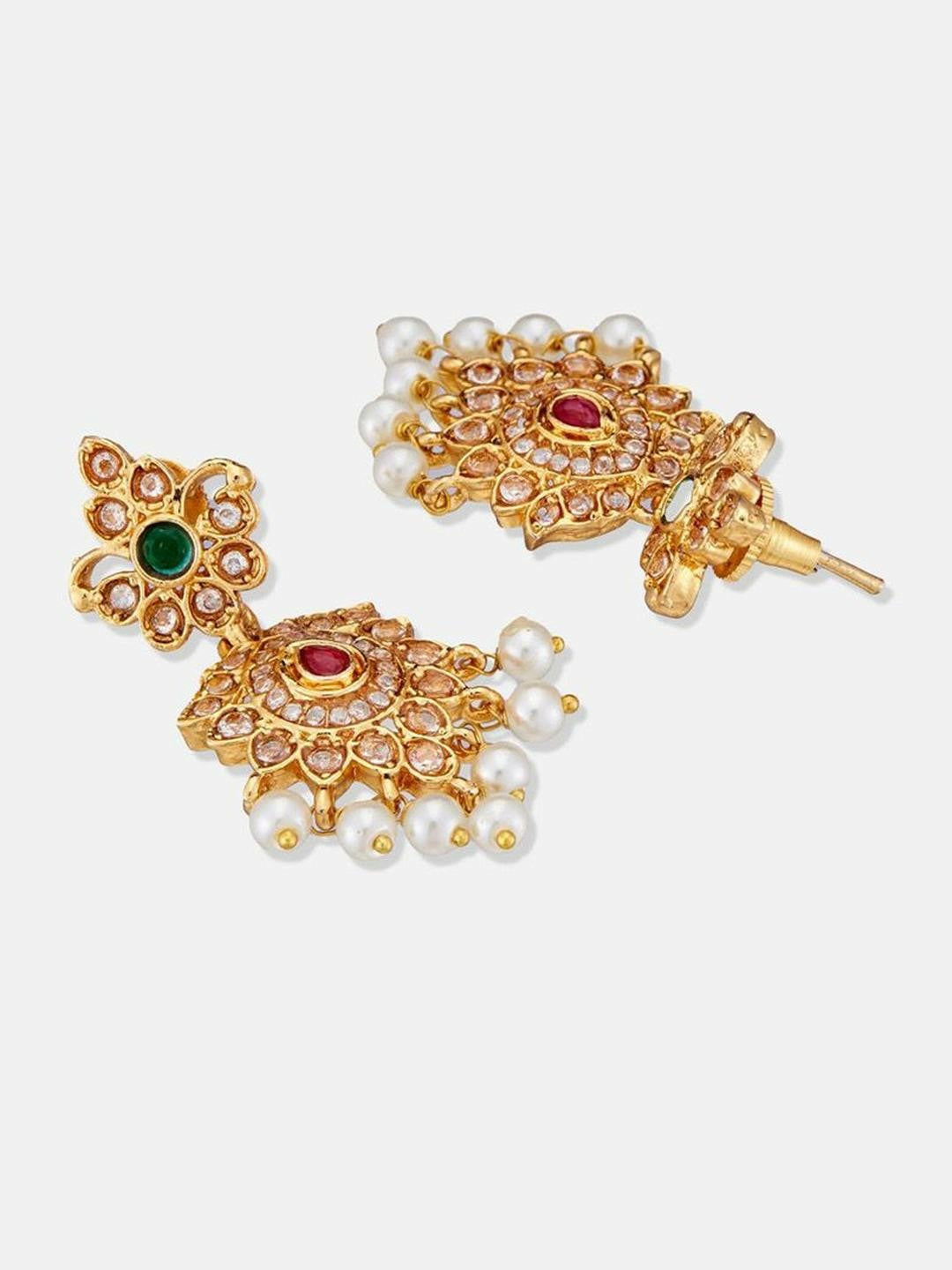 Multicolour Stone Studded Gold Plated Floral Jewellery Set with Earrings
