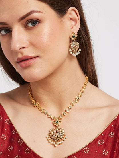 Multicolour Stone Studded Gold Plated Floral Jewellery Set with Earrings