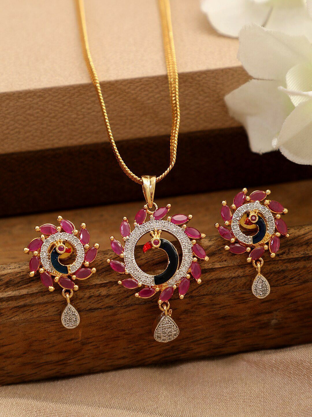 Gold Plated Pink & Blue American Diamond Necklace Set with Earrings