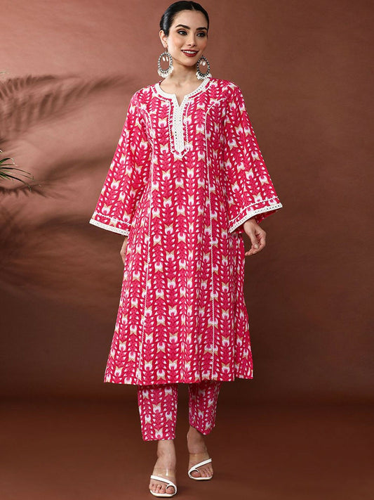 Pink Floral Printed Mirror Work Kurta with Printed Trousers