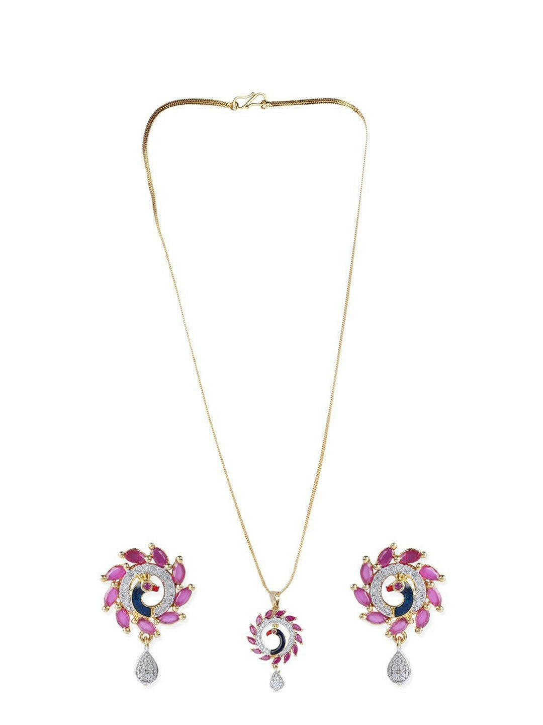 Gold Plated Pink & Blue American Diamond Necklace Set with Earrings