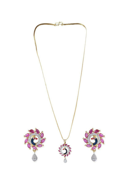 Gold Plated Pink & Blue American Diamond Necklace Set with Earrings