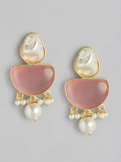 Gold Plated Long Necklace & Earrings Set with MOP & Quartz Stones