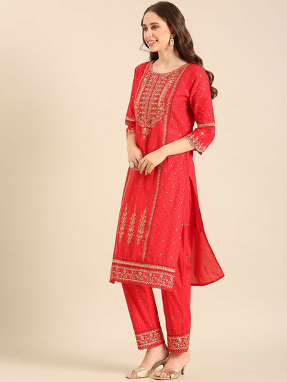 Red Floral Embroidered Straight Kurta with Palazzos and Dupatta