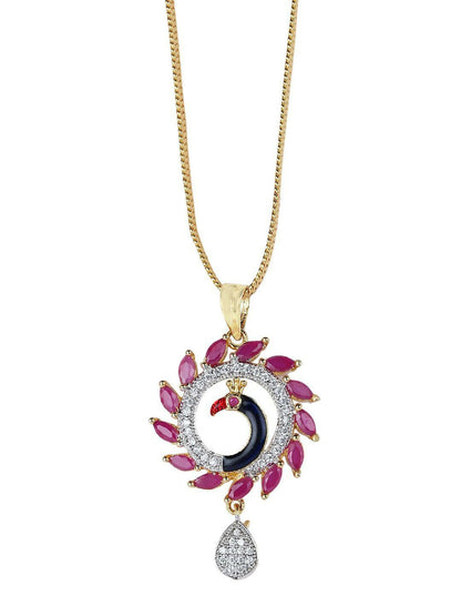 Gold Plated Pink & Blue American Diamond Necklace Set with Earrings