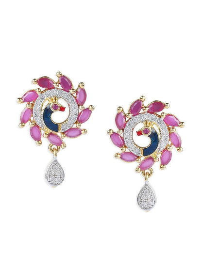 Gold Plated Pink & Blue American Diamond Necklace Set with Earrings