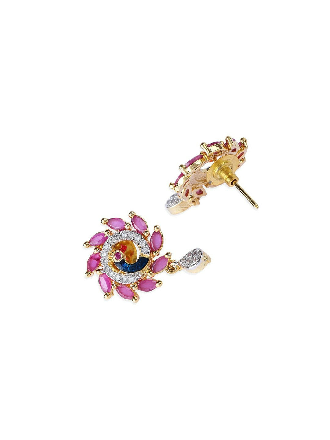 Gold Plated Pink & Blue American Diamond Necklace Set with Earrings