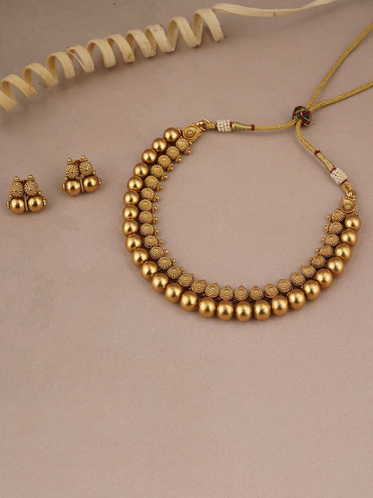 Gold-Plated Beaded Antique Choker Necklace Set with Earrings