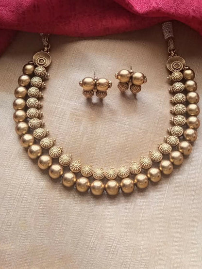 Gold-Plated Beaded Antique Choker Necklace Set with Earrings