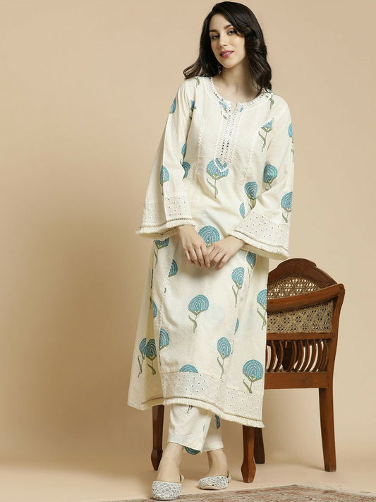 Off-White & Blue Floral Printed Notch Neck Kurta with Trouser